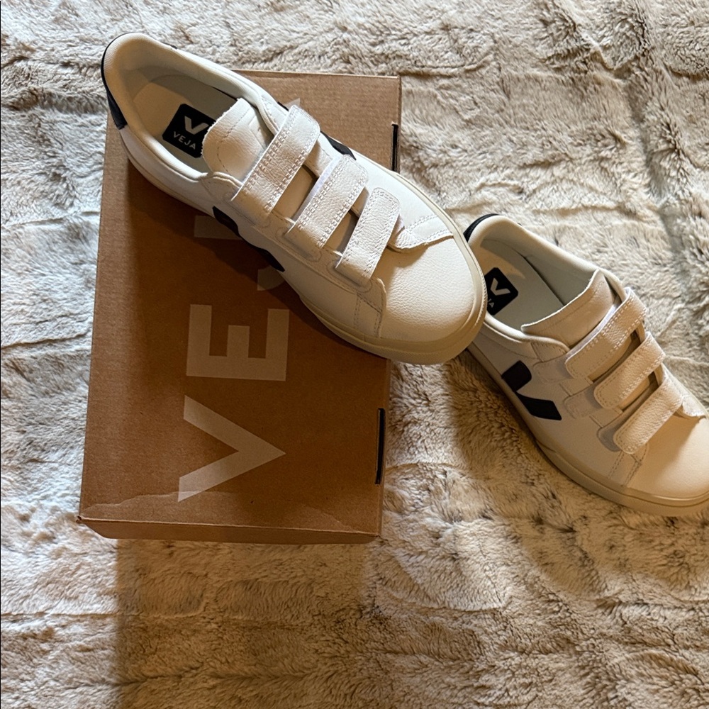 Veja White and Black Velcro Sneakers